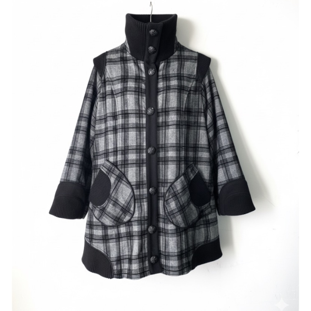 AY-SEL Plaid Funnel Neck Swing Coat XL Lagenlook Dark Academia Ribbed